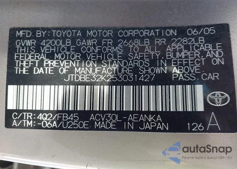 2005 Toyota Camry Le from USA, damaged, VIN JTDBE32K253031427